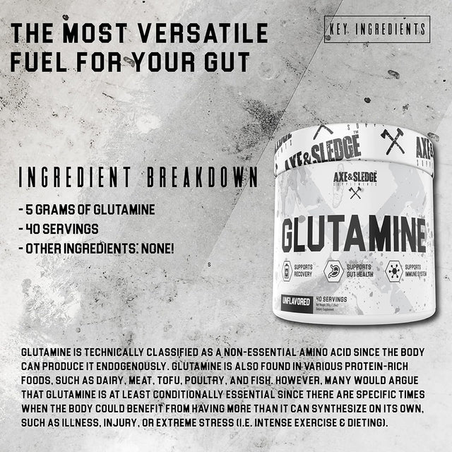 Axe & Sledge Supplements Glutamine Basics Powder, Supports Recovery, Gut Health, and Immune System, Unflavored, Contains No Artificial Substances, Fillers, or Excipients, 40 Servings