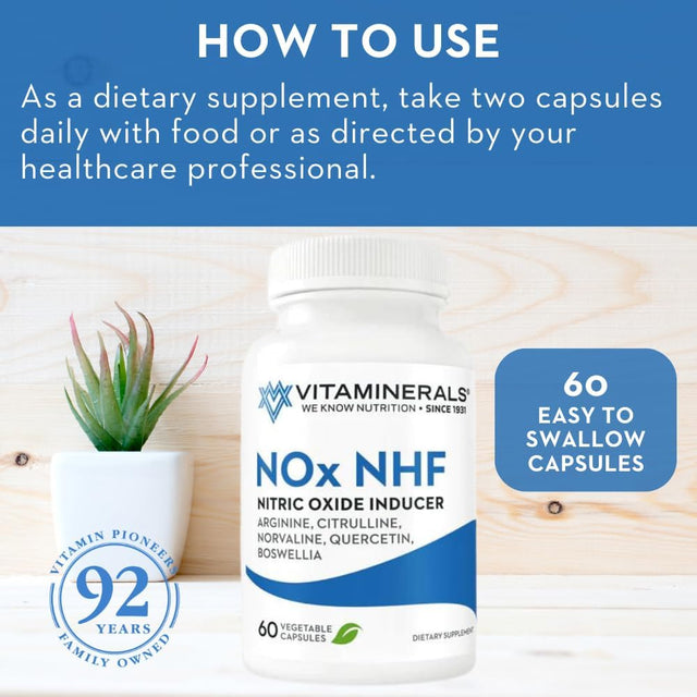 122 Nox NHF L-Arginine, L-Citrulline, L Norvaline plus B6, Quercetin, White Willow, Boswellia & Enzymes | 60 Veggie Caps | 30 Servings