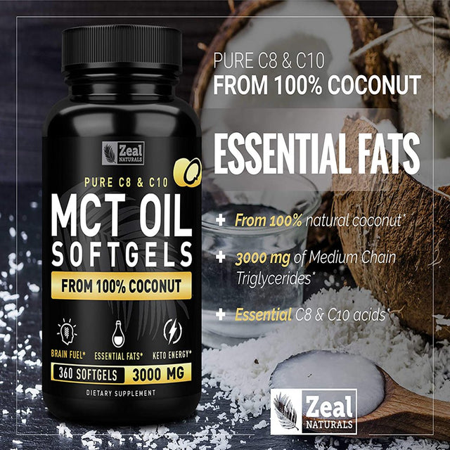 Pure MCT Oil Capsules (360 Softgels | 3000Mg) 4 Month Supply MCT Oil Keto Pills W Unrefined Coconut Oil - C10 & C8 MCT Oil Coconut Oil Capsules - Keto Brain Fuel, Keto Energy, Octane Oil Ketosis Pills