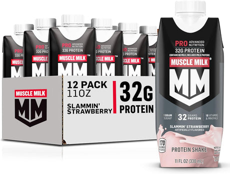 Muscle Milk Pro Advanced Nutrition Protein Shake, Slammin' Strawberry, 11 Fl Oz Carton, 12 Pack, 32G Protein, 1G Sugar, 16 Vitamins & Minerals, 5G Fiber, Workout Recovery, Bottle, Packaging May Vary