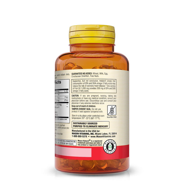 Mason Natural No Burp Fish Oil: 1000Mg Omega-3, Healthy Heart, Circulatory Support, 90 Soft Gels, Serving Size 2 Soft Gels