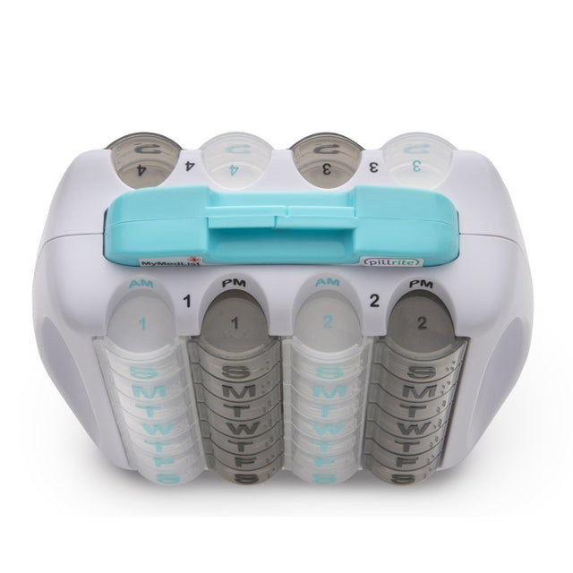 Pillrite - Monthly Pill Organizer, Twice Daily AM and PM, 4 Week Pillbox. Easy and Simple to Use Dispenser for Medications and Vitamins. Storage Compartment for Medical Information. Free Travel Bag.