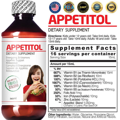 Appetitol Appetite-Weight Gain. Natural Appetite and Weight Gain Stimulant for Underweight Children Fortified with Vitamins B1,B2,B3,B5,B6,B12,Folic Acid, Iron, Zinc, Flax Seed Oil. ( 8 Fl Oz)