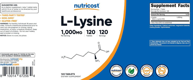 Nutricost L-Lysine 1000Mg, 120 Tablets - Gluten Free, Non-Gmo, and Vegetarian Friendly