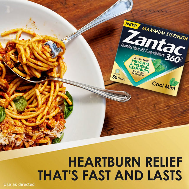 Zantac 360 Maximum Strength Prevents & Relieves Heartburn Cool Mint 20Mg Tablets /Acid Reducer 50Ct