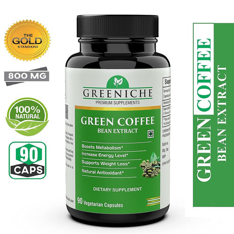 Greeniche Green Coffee Bean Extract 800Mg Max Potency 50% Chlorogenic Acids, Raw Green Coffee Antioxidant Supplement & Metabolism Booster for Weight Loss - 90 Capsules (P