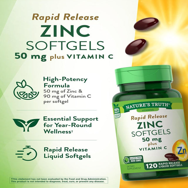 Zinc with Vitamin C | 50Mg | 120 Softgels | Non-Gmo & Gluten Free Supplement | by Natures Truth