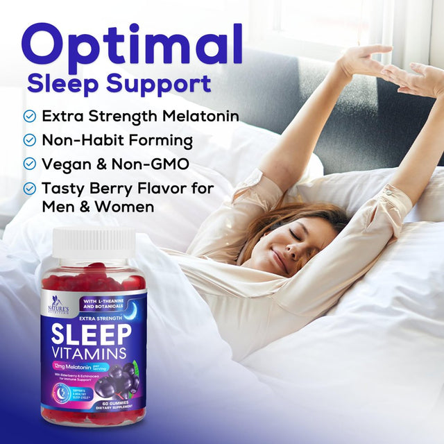 Sleep Vitamins - Fast Acting with 12Mg Melatonin - Best Non-Habit Forming Sleep Support Gummy Supplement - Includes Vitamins B6, C, D3, L-Theanine, Melatonin, Chamomile, & Zinc - 60 Gummies