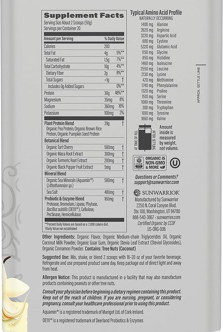 Sunwarrior Vegan Protein Powder USDA Organic | BCAA Sugar Free Gluten Free Non-Gmo Dairy Free | Vanilla 20 Servings | Sport Organic Active Protein