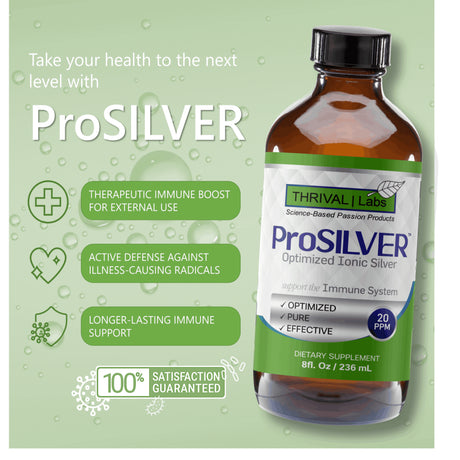 Prosilver Ionic Silver Liquid, Optimized 20 PPM Bio-Active Liquid Silver for Immune Support, Maximum Absorption Ionic Silver in Dark Glass Bottle with Dropper, 48 Servings, 8Oz - Thrival Labs