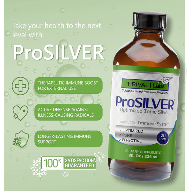 Prosilver Ionic Silver Liquid, Optimized 20 PPM Bio-Active Liquid Silver for Immune Support, Maximum Absorption Ionic Silver in Dark Glass Bottle with Dropper, 48 Servings, 8Oz - Thrival Labs