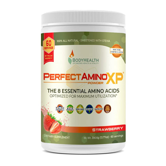 Bodyhealth Perfectamino XP Strawberry (60 Serving) Best Pre/Post Workout Recovery Drink, 8 Essential Amino Acids Energy Supplement with 50% Bcaas, 100% Organic, 99% Utilization