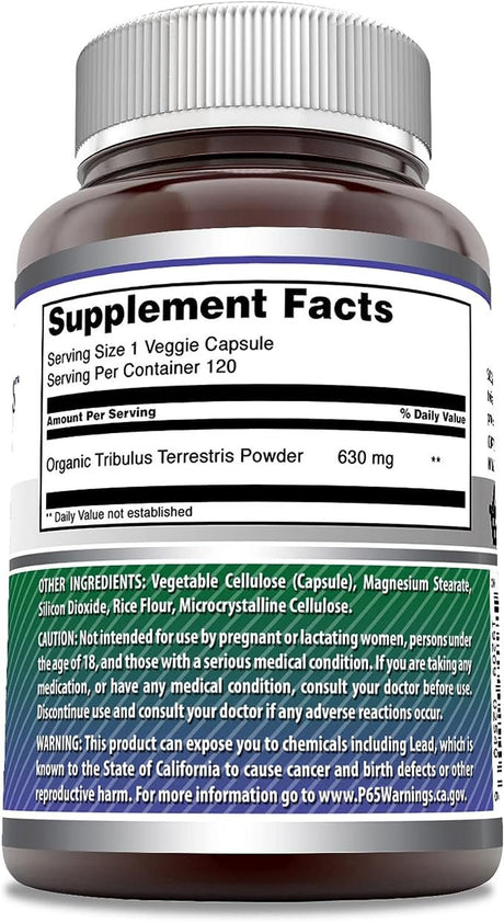 Amazing Formulas Natural Tribulus Terrestris Extract 630Mg per Serving 120 Veggie Capsules | 45% Steroidal Saponins | Non-Gmo | Gluten Free | Made in USA | Ideal for Vegetarians