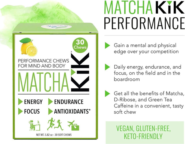 Matcha Kik Energy Chews - for Energy, Mental Focus, and Antioxidants. Healthy, Sport Chews with Premium Japanese Matcha Powder, D-Ribose and Green Tea Caffeine. 30 Servings.