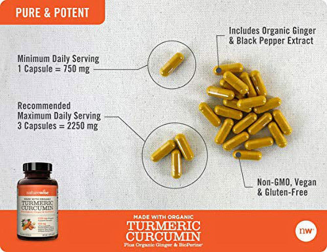 Naturewise Curcumin Turmeric 2250Mg | 95% Curcuminoids & Bioperine Black Pepper Extract | Advanced Absorption for Cardiovascular Health Joint Support | Gluten Free Non-Gmo [1 Month Supply - 90 Count]