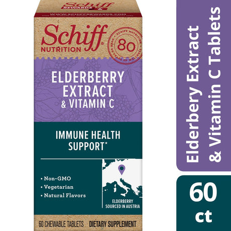 Schiff Elderberry Extract & Vitamin C Chewable Tablets (60 Count), Vegetarian & Non-Gmo Supplement with Natural Flavors, Helps Support a Healthy Immune System٭