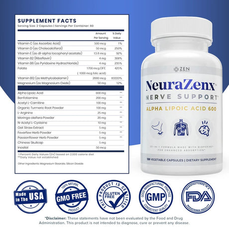 Neurazenx® Nerve Support with Alpha-Lipoic Acid (1200Mg), Benfotiamine, Organic Turmeric, B Complex Vitamins