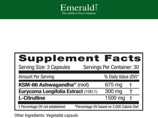 Emerald Labs Testosterone Health - Dietary Supplement with Eurycoma Longifolia, L-Citrulline, and Ashwagandha for Overall Circulatory and Sexual Health - 90 Vegetable Capsules