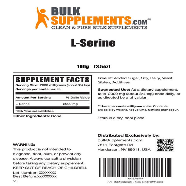 Bulksupplements.Com L-Serine Powder - Brain Booster Supplement - Mental Focus - Brain Support (100G - 200 Servings)