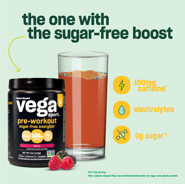 Vega Sport Sugar Free Pre-Workout Energizer, Berry - Pre Workout Powder for Women & Men, Supports Energy and Focus, Electrolytes, Vegan, Keto, Gluten Free, Non GMO, 4 Oz