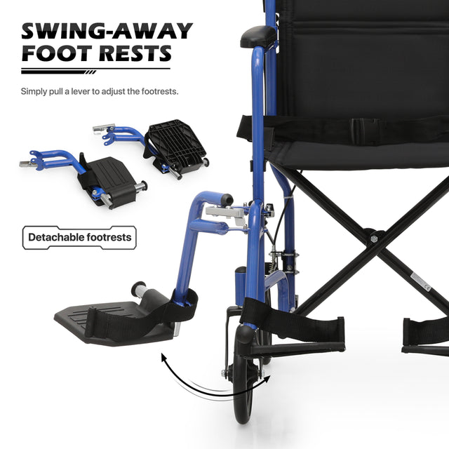 Monicare *FDA APPROVED* Transport Wheelchair, Folding Transport Chair with Swing Away Footrests and Flip Back Backrest, 250Lbs Weight Capacity, Blue