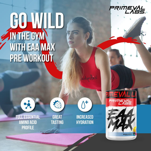 Primeval Labs EAA Max, BCAA Perfect Amino Acid Powder - Pre or Post Workout Muscle Recovery - Bcaas, Eaas, Electrolytes, Supports Hydration & Performance, Keto Friendly (Smashberry)