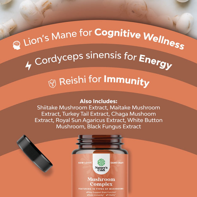 Nootropic & Immune Support Mushroom Supplement - Nature'S Craft Mushroom Complex with Lion'S Mane, Reishi, Cordyceps & Turkey Tail Adaptogen Blend