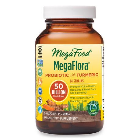 Megafood, Megaflora with Turmeric, Probiotic Supplement with 50 Billion CFU, 45 Servings (90 Capsules)