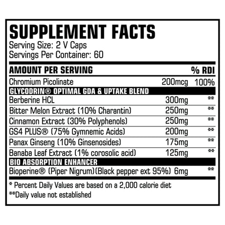 GLYCODRIN - Powerful GDA, Glucose Disposal & Nutrient Partitioner Agent with GS4 Plus; 120 V Caps (60 Servings)