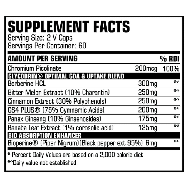 GLYCODRIN - Powerful GDA, Glucose Disposal & Nutrient Partitioner Agent with GS4 Plus; 120 V Caps (60 Servings)