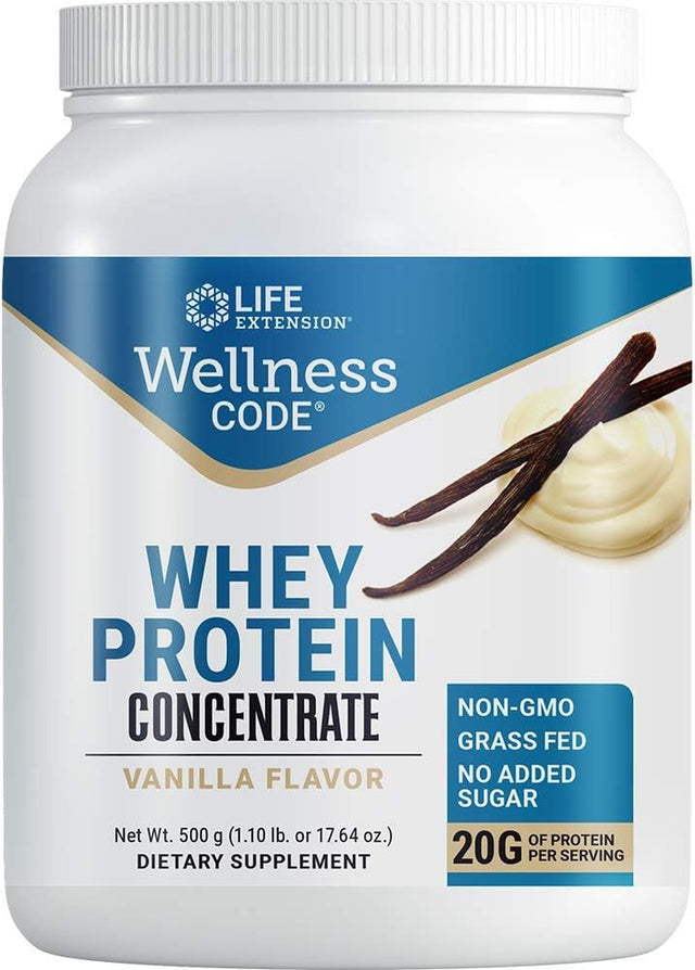 Life Extension Wellness Code Whey Protein Concentrate 20G Muscle Growth & Immune Health - Sourced from Grass-Fed, Free-Range, Hormone-Free Cows, Non-Gmo, No Added Sugar, Vanilla- 500G