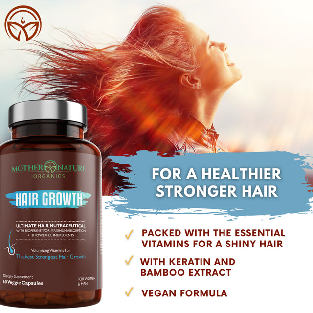 Mother Nature Organics Premium Hair Growth 60Ct with Biotin & Bioperine for Hair, Skin & Nail