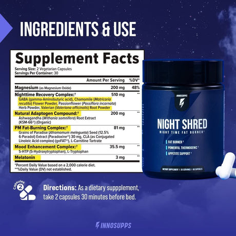 Innosupps Night Shred | Night Time Fat Burner and Natural Sleep Support | Ashwaganda, 5-HTP, CLA, Melatonin | Appetite Suppressant | Weight Loss Support (60 Vegetarian Capsules)