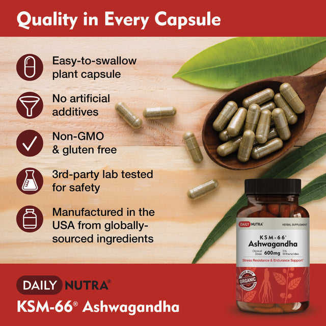 KSM-66 Ashwagandha by Dailynutra - 600Mg Organic Root Extract - High Potency Supplement with 5% Withanolides | Stress Relief, Increased Energy and Focus (60 Capsules)