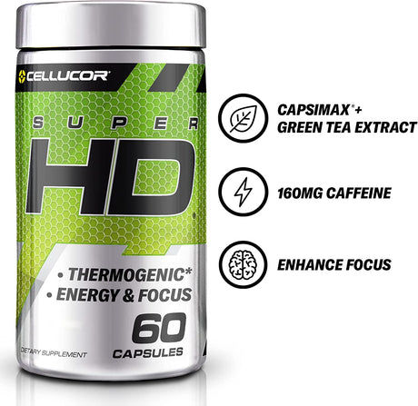 Cellucor Super HD for Men & Women - Enhance Focus and Increase Energy - Capsimax, Green Tea Extract, 160Mg Caffeine & More 60 Servings