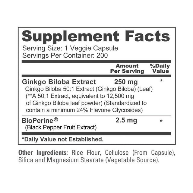 Nusapure Ginkgo Biloba Extract: 12,500Mg/Veggie Caps X 200 (Vegetarian, Non-Gmo, Gluten-Free & 50:1 Extract) with Bioperine, Dietary Supplement for Unisex Adult Health & Wellness