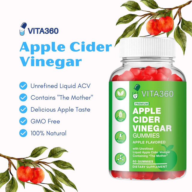 VITA360 60 Count Apple Cider Vinegar Gummies with the Mother - Vitamin B12, Beetroot Powder, Pomegranate Powder & Folic Acid - Apple Flavor ACV Gummies for Digestion, Detox, Skin Care & Immune Support