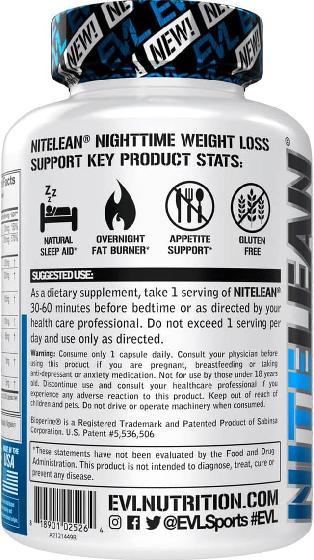 EVL Night Time Fat Burner Appetite Suppressant for Weight Loss Diet Pills - Natural Rest Aid, Metabolism Booster for Weight Loss for Women & Men - Nitelean Weight Loss Supplements (30 Servings)