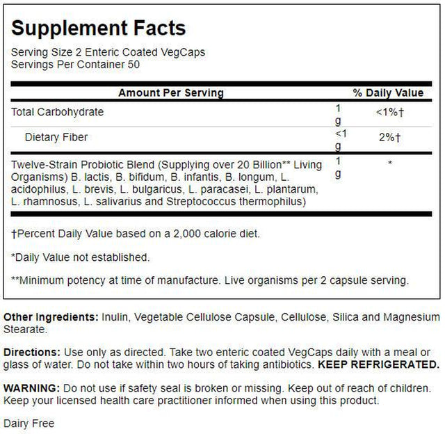 Solaray Multidophilus 12 Strain Probiotic | 20 Billion CFU | Healthy Gut Support | 50 Servings | 100 Enteric Vegcaps