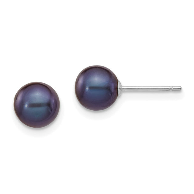 14K White Gold 6-7Mm Black round FW Cultured Pearl Stud Post Earrings XW60PB