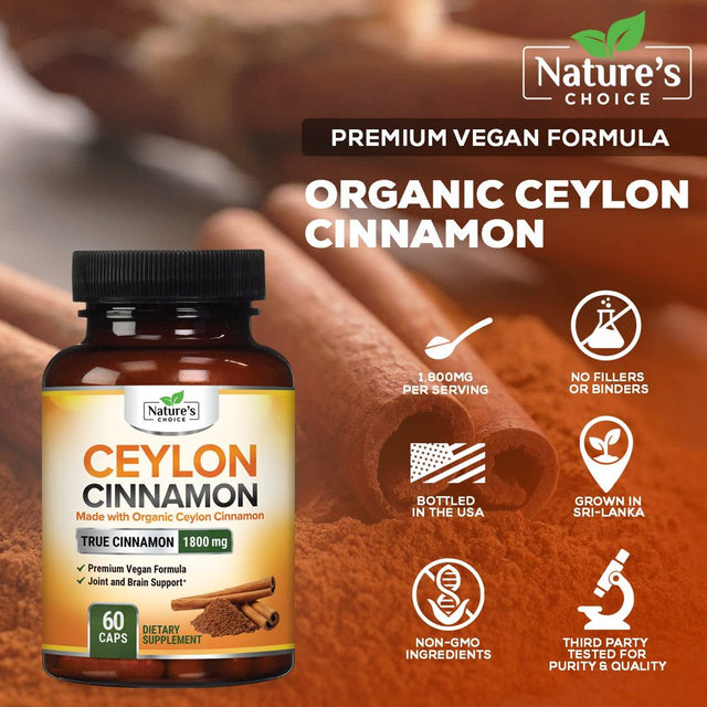 Ceylon Cinnamon Capsules - Certified Organic Cinnamon Pills, Non-Gmo, Dairy & Gluten Free, Sri Lanka Cinnamon Powder Supplement, Vegan True Cinnamomum Vitamins, Sugar Free, 60 Count Cinnamon Capsules