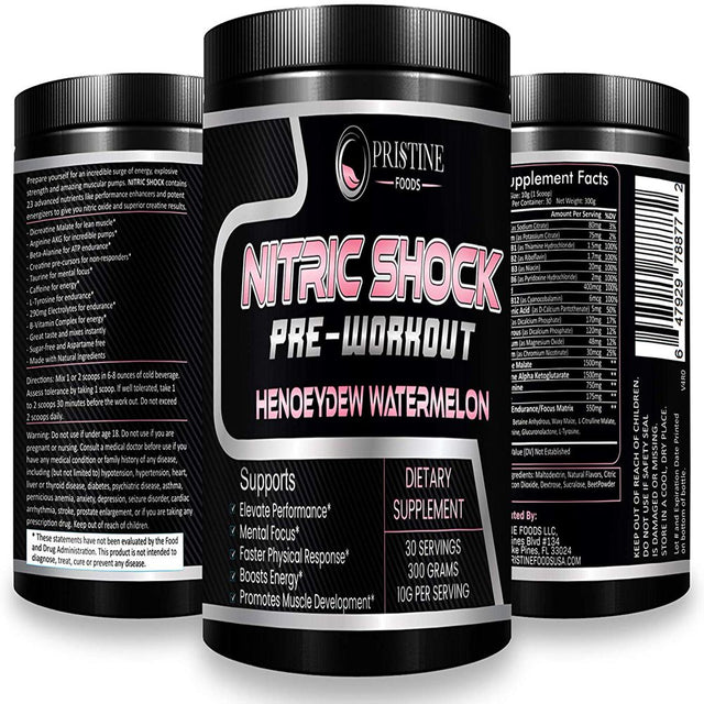 Nitric Shock Pre-Workout Powder - Nitric Oxide Booster Supplement, Promotes Muscle Growth, Tissue Repair, Endurance & Energy Booster - 300 Grams, by Pristine Foods