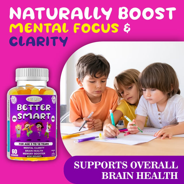 Kids Brain Booster Supplement Memory Supplement for Brain Vision & Heart Health, Attentive Child Supplement Focus Supplement for Kids. 60 Gummies