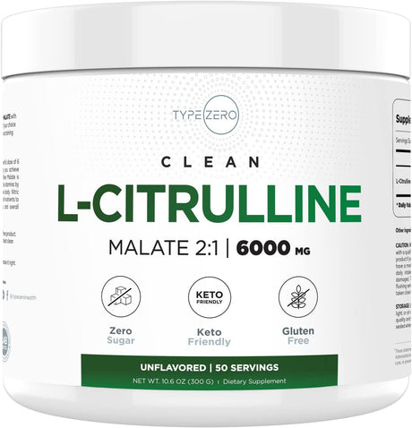 Type Zero L-Citrulline Malate Powder 2:1 6X (6000Mg | Unflavored) Ultra Clean L Citrulline, Nitric Oxide Booster, Pre Workout - Nitrous Oxide Vasodilator Supplement