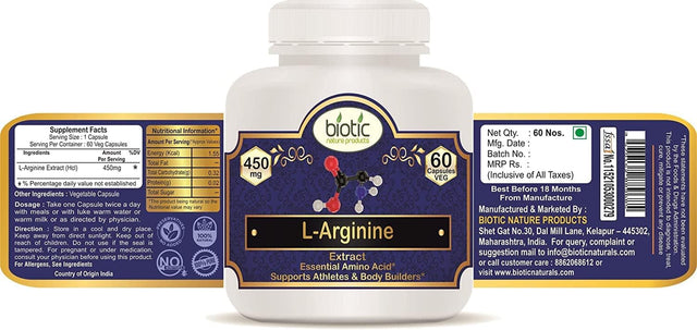 Biotic L-Arginine/L Arginine Capsules 450 Mg - 60 Veg Capsules for Muscle