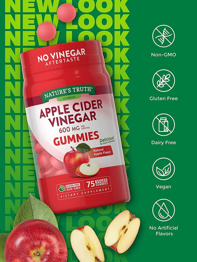 Apple Cider Vinegar Gummies | 600 Mg | 75 Gummies | Natural Apple Flavor | Vegan, Non-Gmo, Gluten Free Supplement | by Nature'S Truth