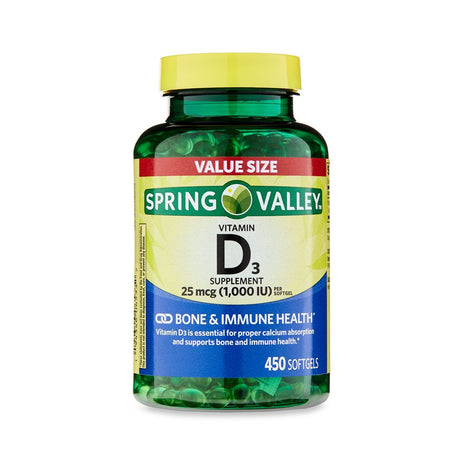 Spring Valley Vitamin D3 Supplement Softgels, 25 Mcg (1,000 IU), 450 Count