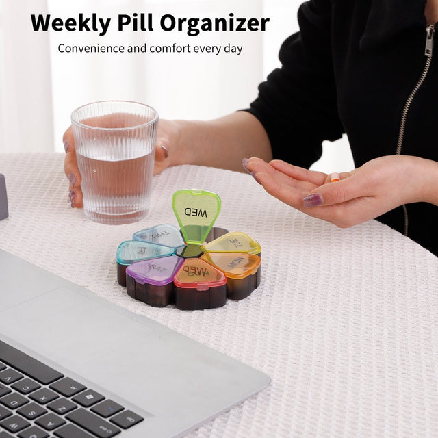 HEQUSIGNS 2Pcs 7 Day Portable Pill Box, Weekly Pill Organizer with Large Compartments, Travel Pill Case, Flower Medicine Container for Vitamins Pills