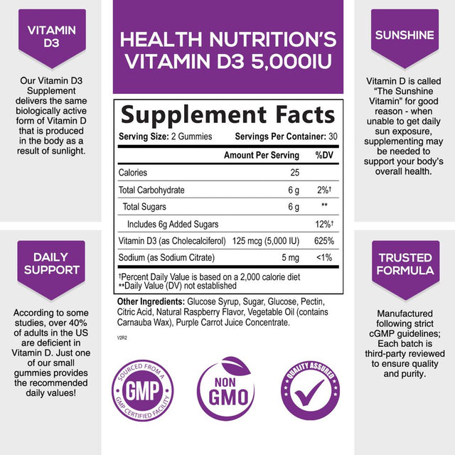 Vitamin D3 Gummies 5000 IU (125 Mcg), Bone & Immune Support Vitamin D Gummy Dietary Supplement for Teeth & Muscle Support, Nature'S Berry Vitamin D Supplement, Non-Gmo - 60 Gummies