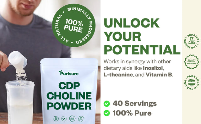 Purisure CDP Choline Powder, 10G, Brain Supplement, Reduces Mental Fatigue, 40 Uses